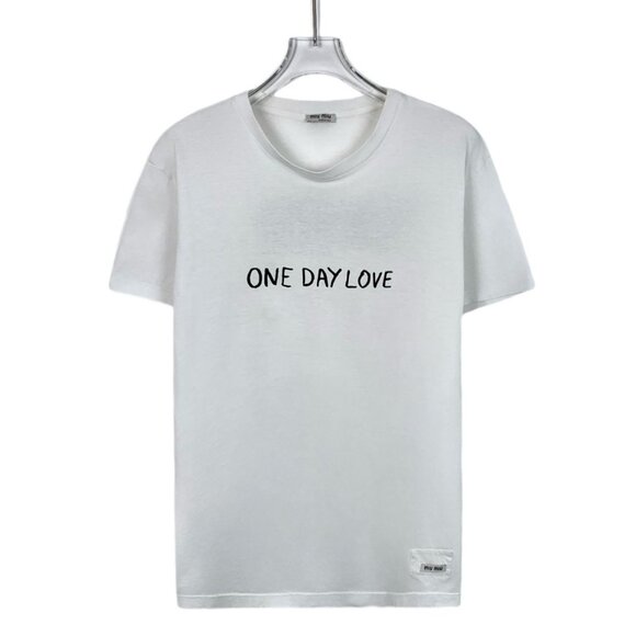 Miu Miu White "One Day Love" Cotton Round Neck Short Sleeve T-Shirt M - Picture 1 of 8